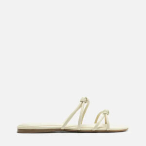 Rasteira Branca Bico Redondo Tiras Nós