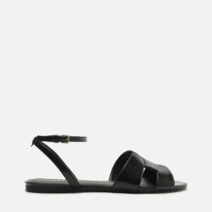 Rasteira Preta Couro Tira Vazada Fivela