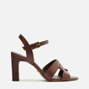 Sandália Marrom Couro Salto Bloco Tira Vazada