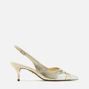 Scarpin Dourado Couro Salto Kitten Slingback Bicolor