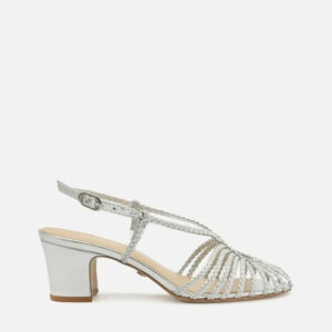 Sandália Prata Salto Bloco Tiras Trançadas Gota