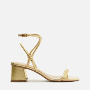 Sandália Dourada Salto Bloco Tiras Knot